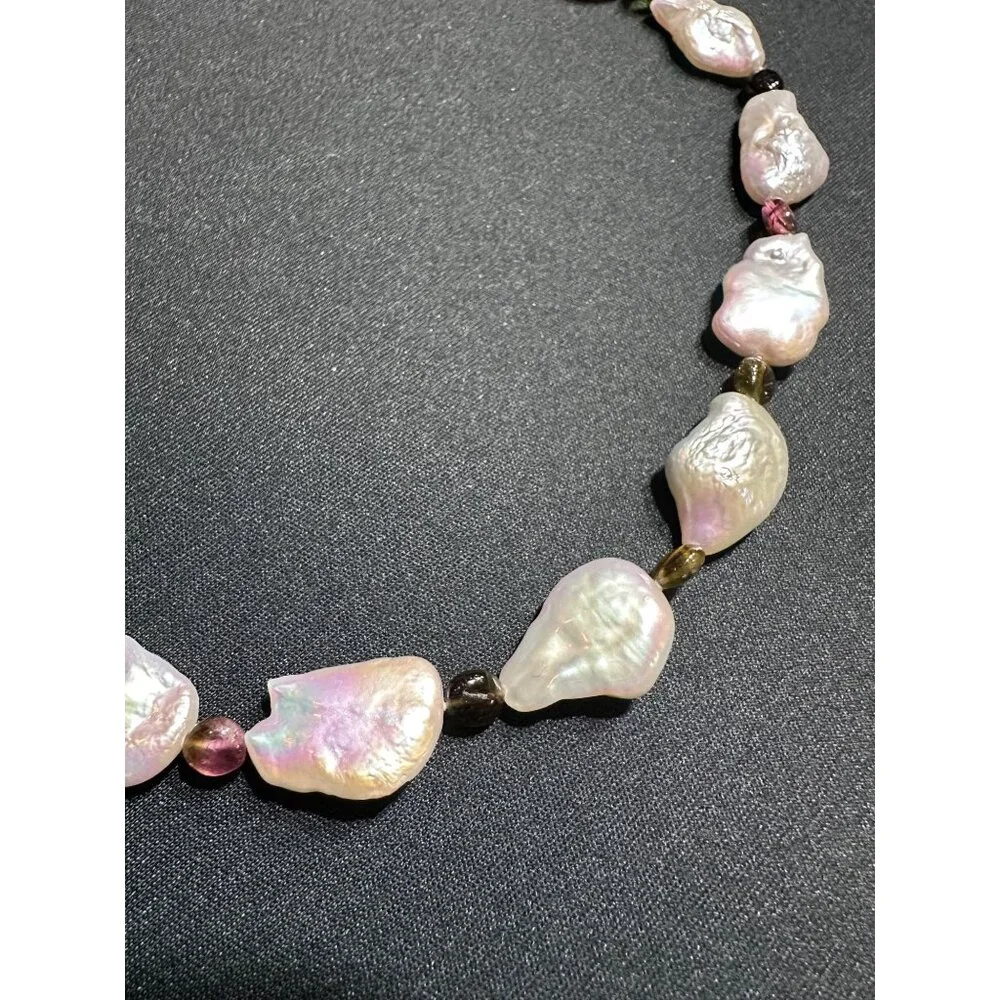 Baroque Pearls Strung Among Termaline Stones Womens Necklace Elegant Timeless - Picture 4 of 5
